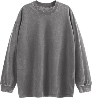 Tuislay Vintage Oversized T Shirts for Men Cotton Baggy Crewneck Streetwear Sweatshirt Acid Wash Long Sleeve Tee Shirts Top