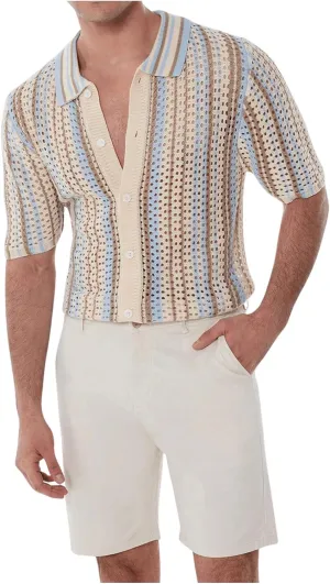 Verdusa Men's Casual Button Down Knit Shirts Hollow Out Short Sleeve Knit Tops