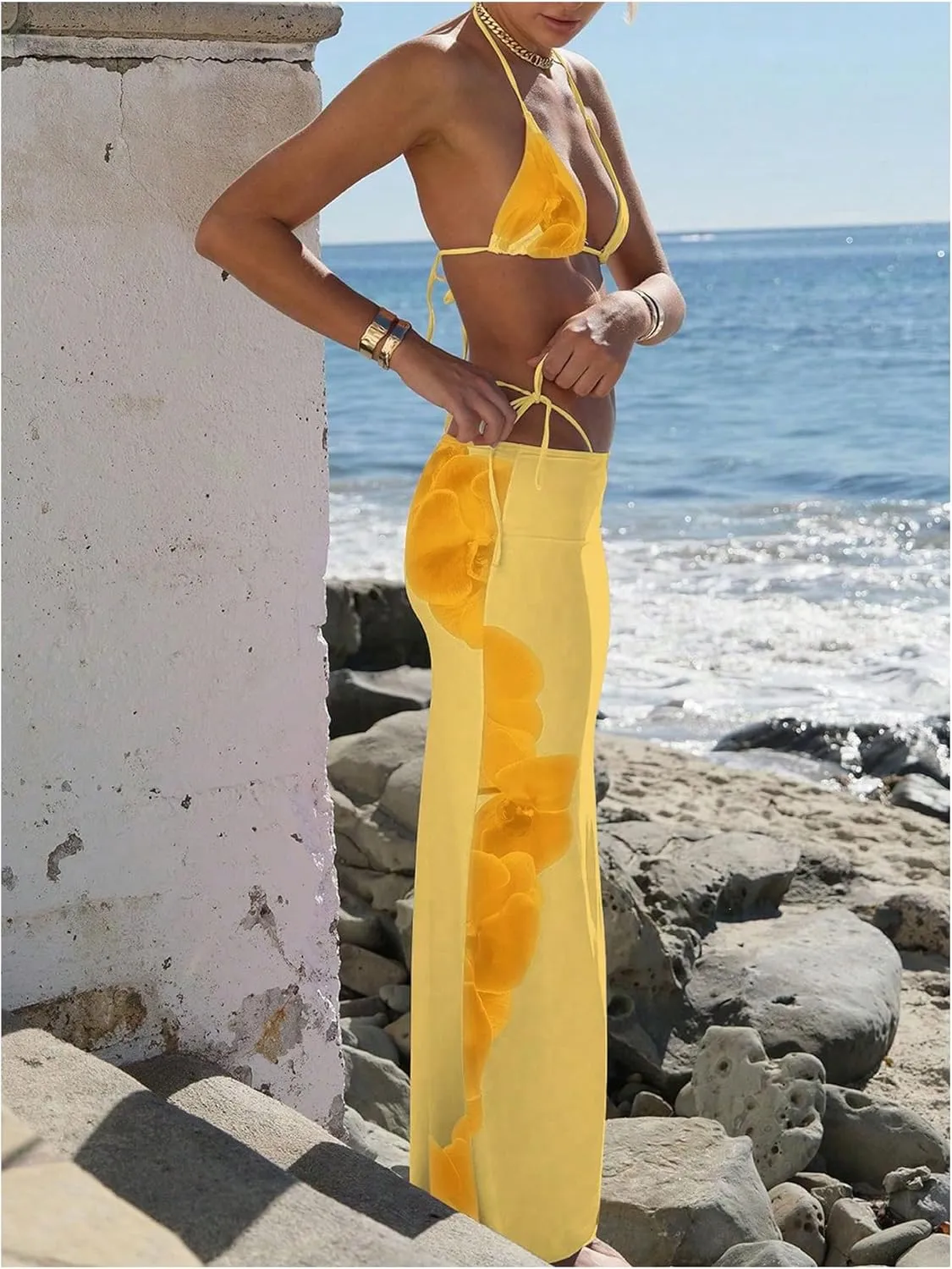 Verdusa Women's 3 Piece Floral Swimsuit Halter Triangle String Bikini Set with Coverup Maxi Skirt