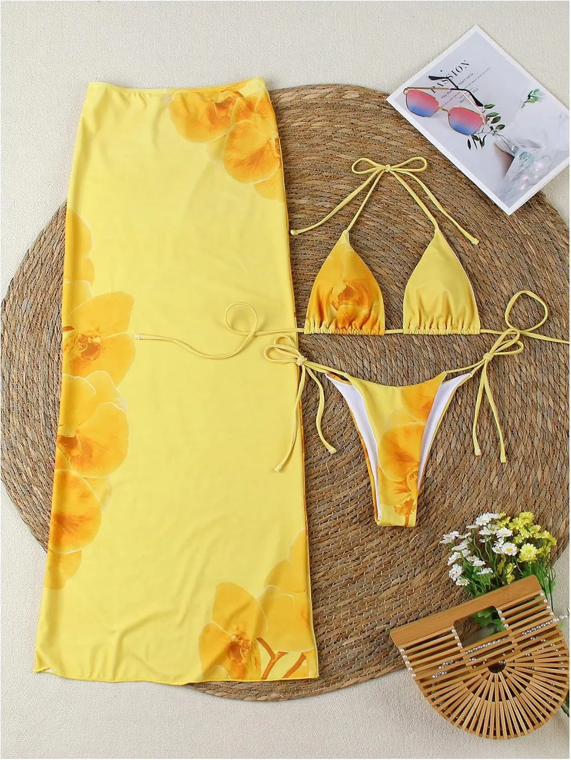 Verdusa Women's 3 Piece Floral Swimsuit Halter Triangle String Bikini Set with Coverup Maxi Skirt