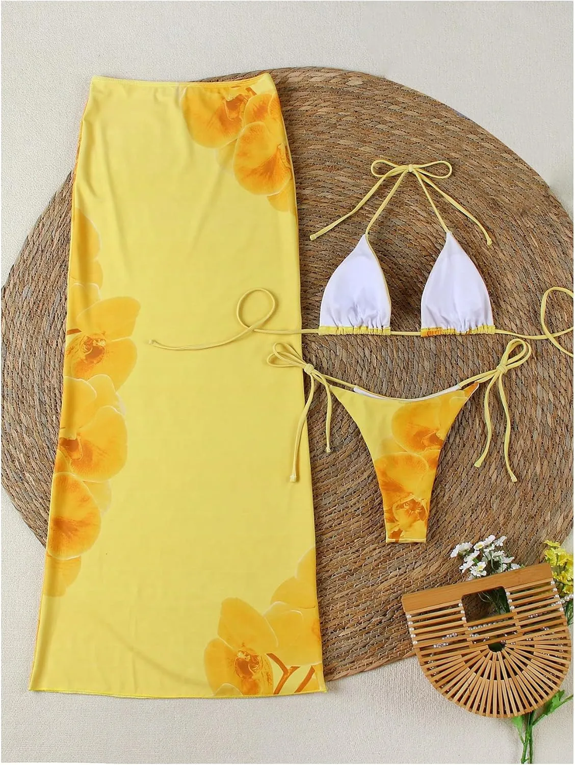 Verdusa Women's 3 Piece Floral Swimsuit Halter Triangle String Bikini Set with Coverup Maxi Skirt