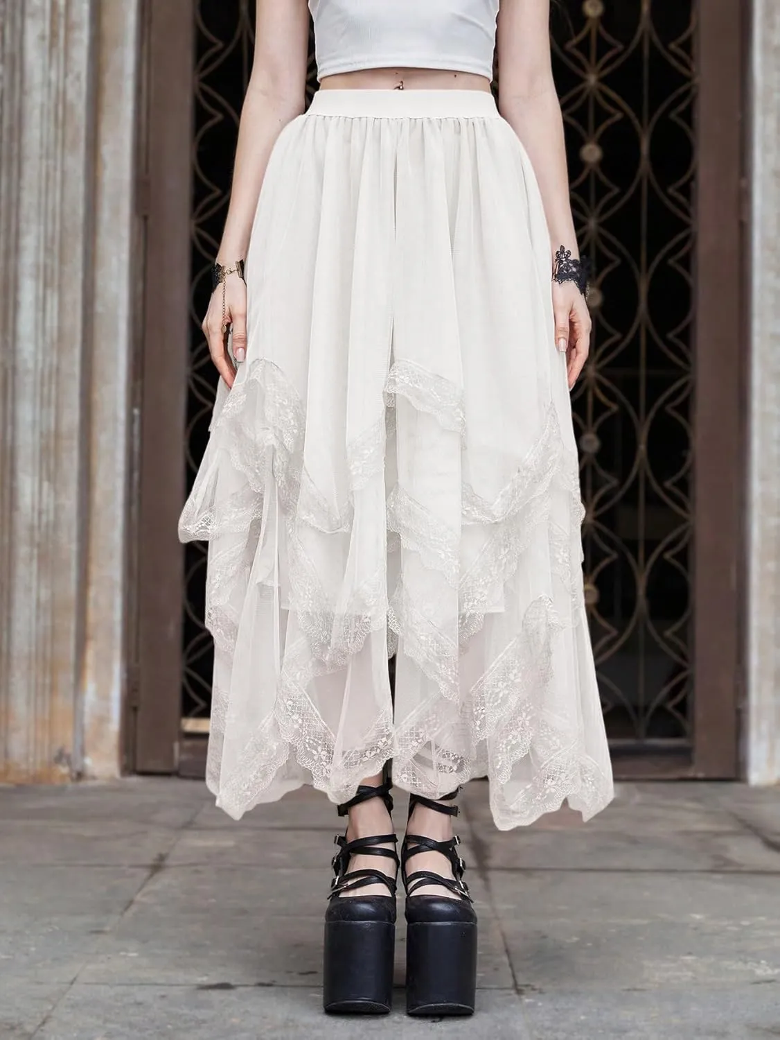 Verdusa Women's Asymmetrical Tulle Skirts Elastic High Waist Ruffle Tiered Mesh Long Skirt