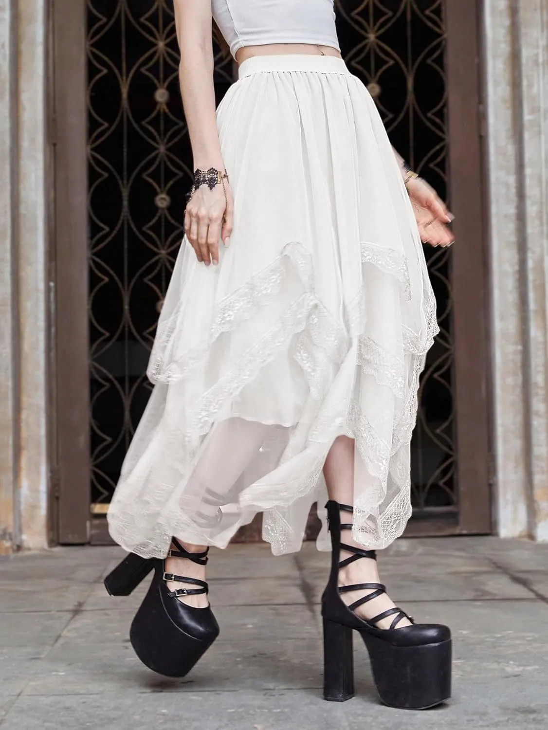 Verdusa Women's Asymmetrical Tulle Skirts Elastic High Waist Ruffle Tiered Mesh Long Skirt