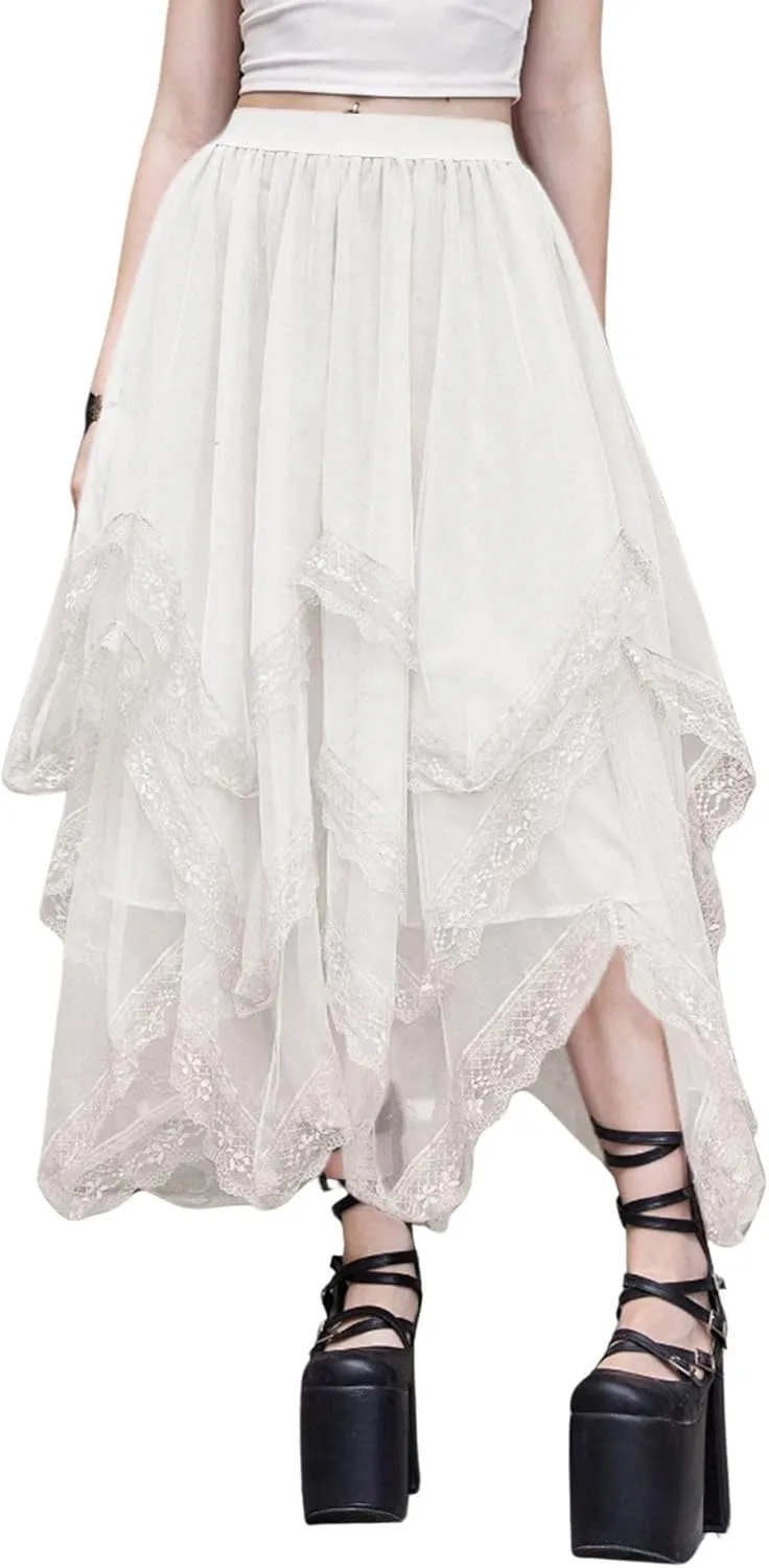 Verdusa Women's Asymmetrical Tulle Skirts Elastic High Waist Ruffle Tiered Mesh Long Skirt