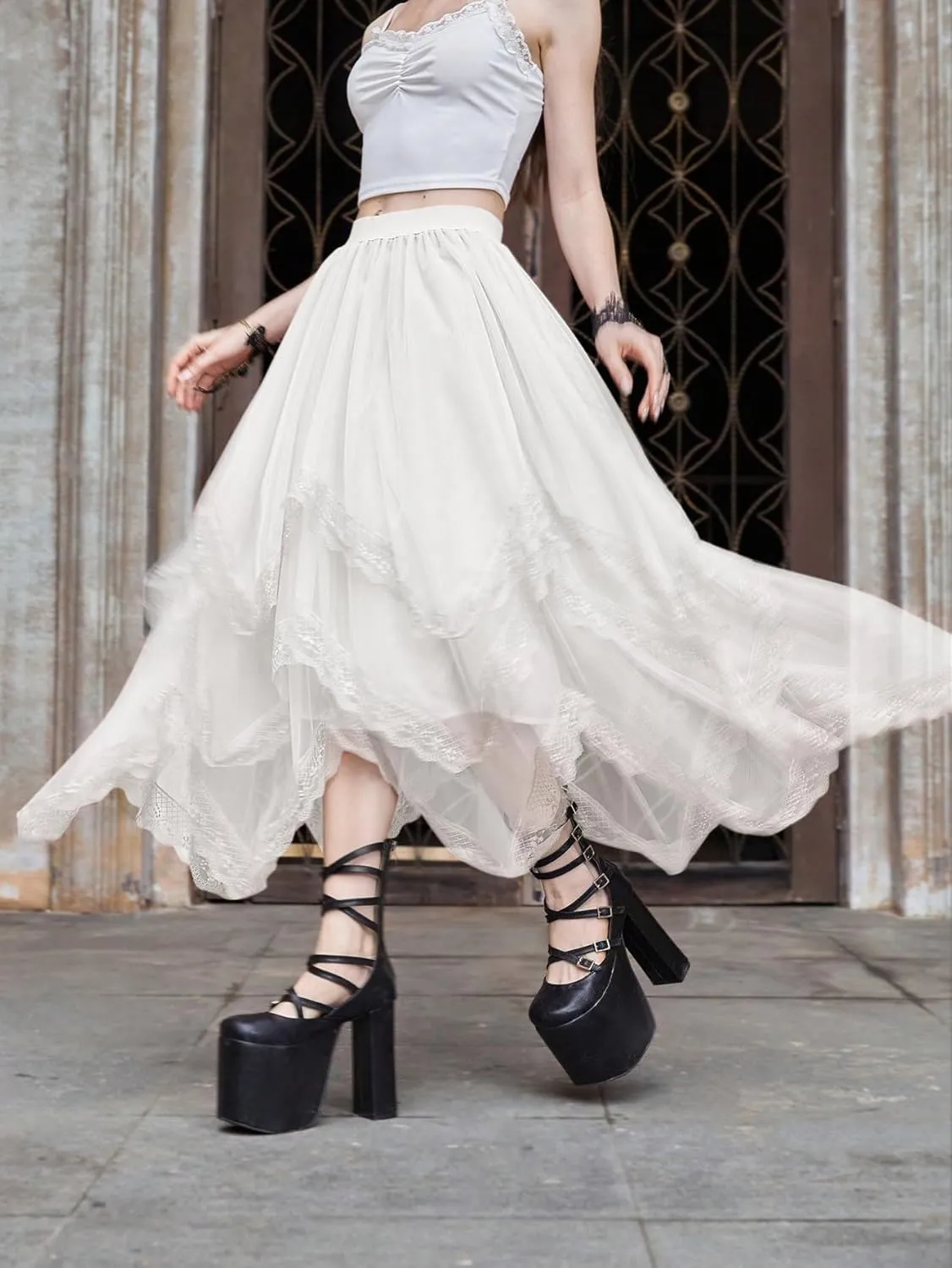 Verdusa Women's Asymmetrical Tulle Skirts Elastic High Waist Ruffle Tiered Mesh Long Skirt