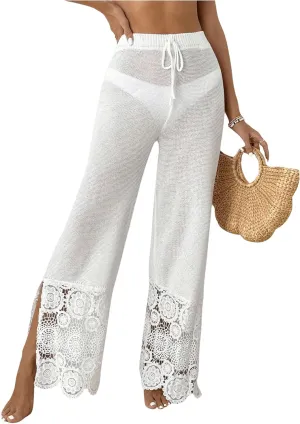 Verdusa Women's Contrast Lace Crochet Sheer Swim Coverups Paisley High Rise Split Pants