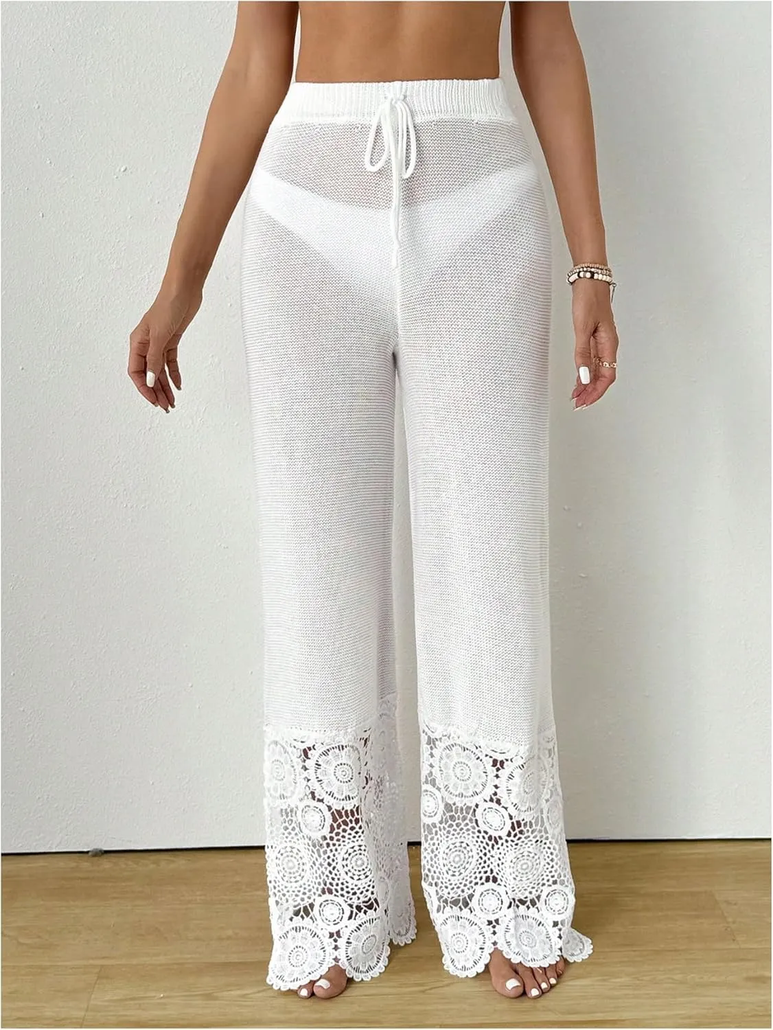 Verdusa Women's Contrast Lace Crochet Sheer Swim Coverups Paisley High Rise Split Pants