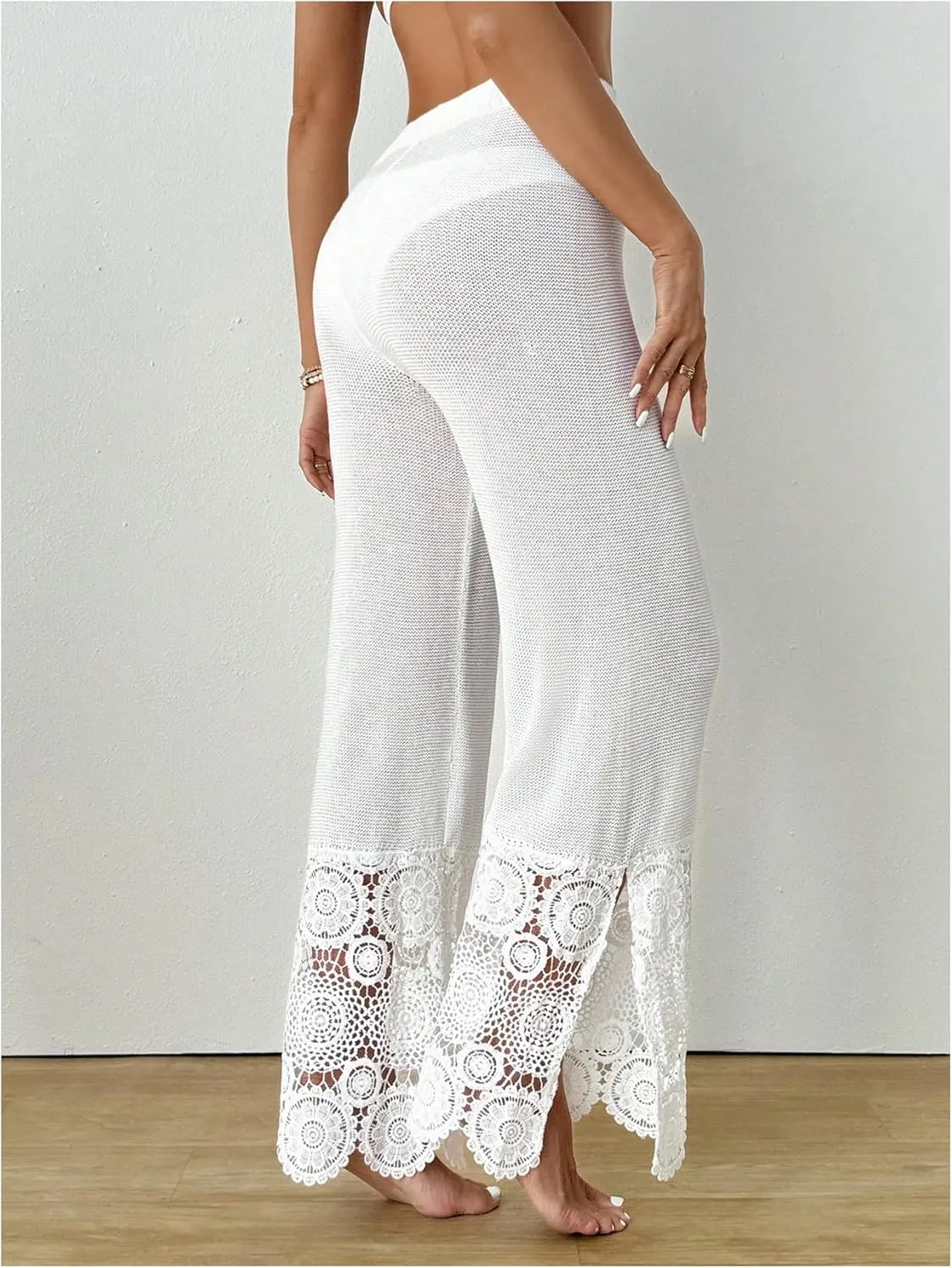 Verdusa Women's Contrast Lace Crochet Sheer Swim Coverups Paisley High Rise Split Pants