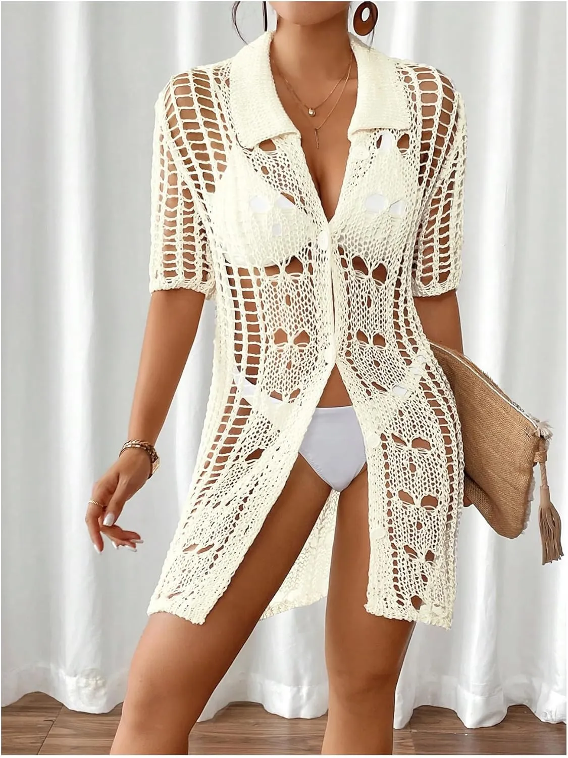 Verdusa Women's Crochet Sheer Beach Coverup Button Down Collared Short Sleeve Kimono Cardigans