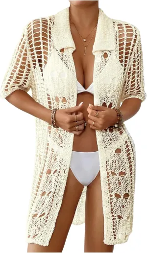 Verdusa Women's Crochet Sheer Beach Coverup Button Down Collared Short Sleeve Kimono Cardigans