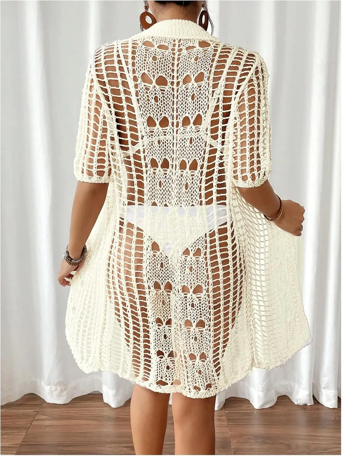 Verdusa Women's Crochet Sheer Beach Coverup Button Down Collared Short Sleeve Kimono Cardigans
