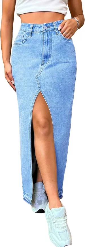 Verdusa Women's Split Side Raw Trim High Waist Maxi Denim Skirt