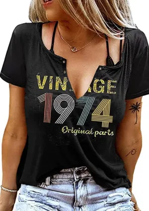 Vintage 1975 T-Shirt for Women 50th Birthday Gift Shirts Funny Flower Graphic Retro Birthday Casual Tee Tops