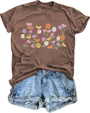 Vintage Floral T Shirts for Women Boho Wildflower Graphic Tees Cute Summer Short Sleeve Casual Tops