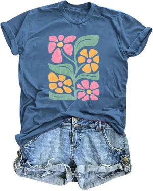 Vintage Floral T Shirts for Women Boho Wildflower Graphic Tees Cute Summer Short Sleeve Casual Tops