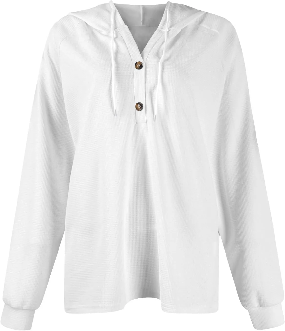 Waffle Knit Hooded Tops for Women Fall Trendy Button V Neck Pullover Sweatshirt Casual Long Sleeve Drawstring Hoodies