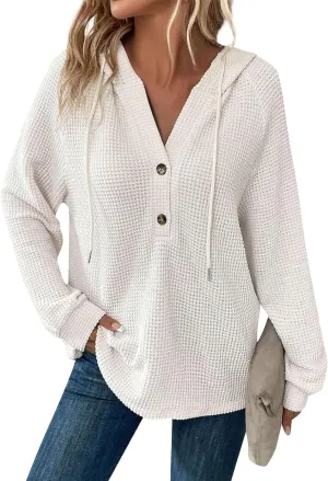 Waffle Knit Hooded Tops for Women Fall Trendy Button V Neck Pullover Sweatshirt Casual Long Sleeve Drawstring Hoodies