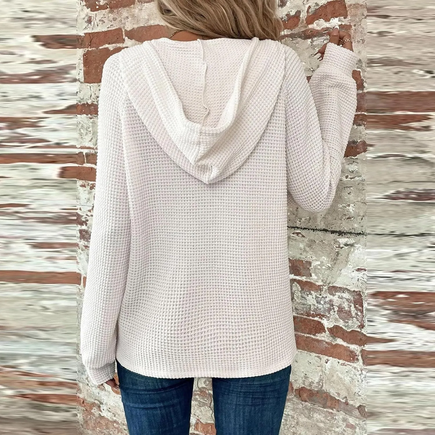 Waffle Knit Hooded Tops for Women Fall Trendy Button V Neck Pullover Sweatshirt Casual Long Sleeve Drawstring Hoodies