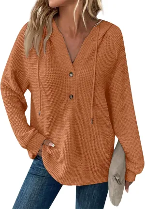 Waffle Knit Hooded Tops for Women Fall Trendy Button V Neck Pullover Sweatshirt Casual Long Sleeve Drawstring Hoodies