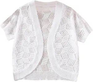 WDIRARA Girl's Open Front Mesh Sheer Cardigan Sweater Short Sleeve Beach Coverup Tops