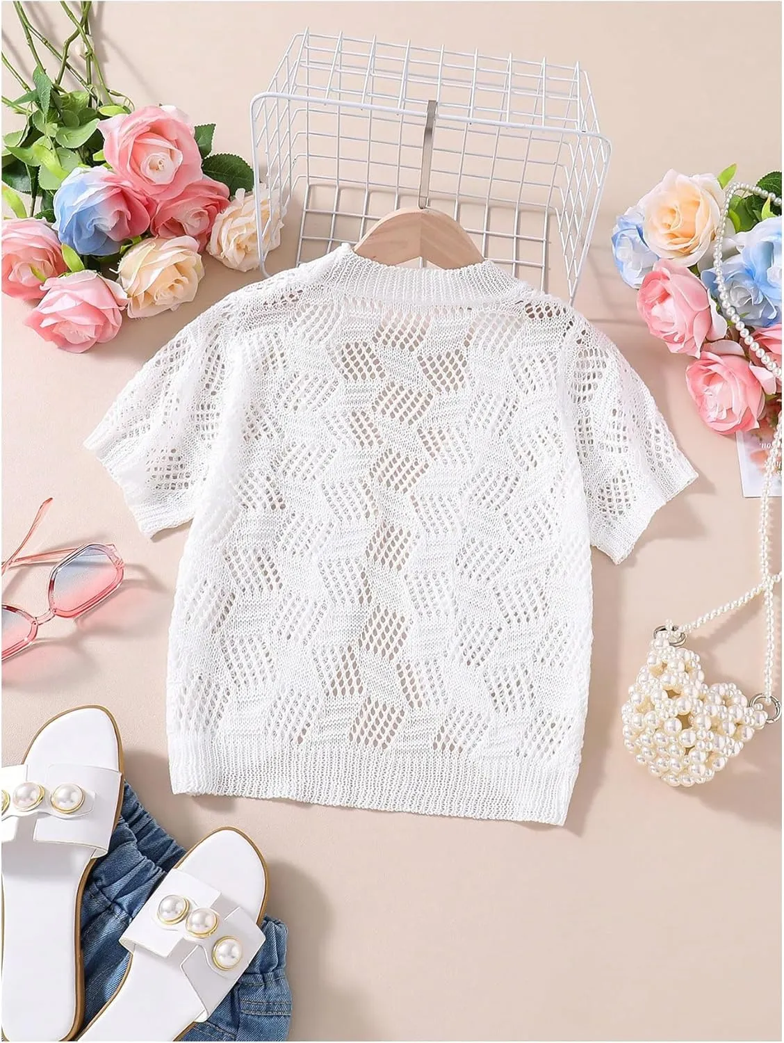 WDIRARA Girl's Open Front Mesh Sheer Cardigan Sweater Short Sleeve Beach Coverup Tops