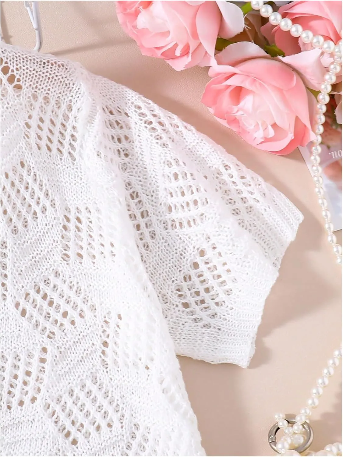 WDIRARA Girl's Open Front Mesh Sheer Cardigan Sweater Short Sleeve Beach Coverup Tops