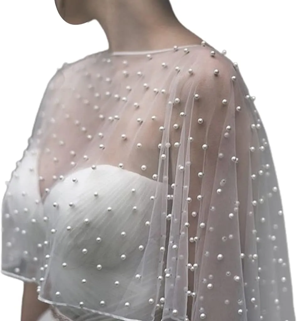 Wedding Accessories Bolero Bridal Cloak Pearls Wedding Cape Short Front Long Back Women Wrap Cape Evening Wrap Shawl,White