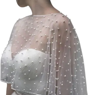 Wedding Accessories Bolero Bridal Cloak Pearls Wedding Cape Short Front Long Back Women Wrap Cape Evening Wrap Shawl,White