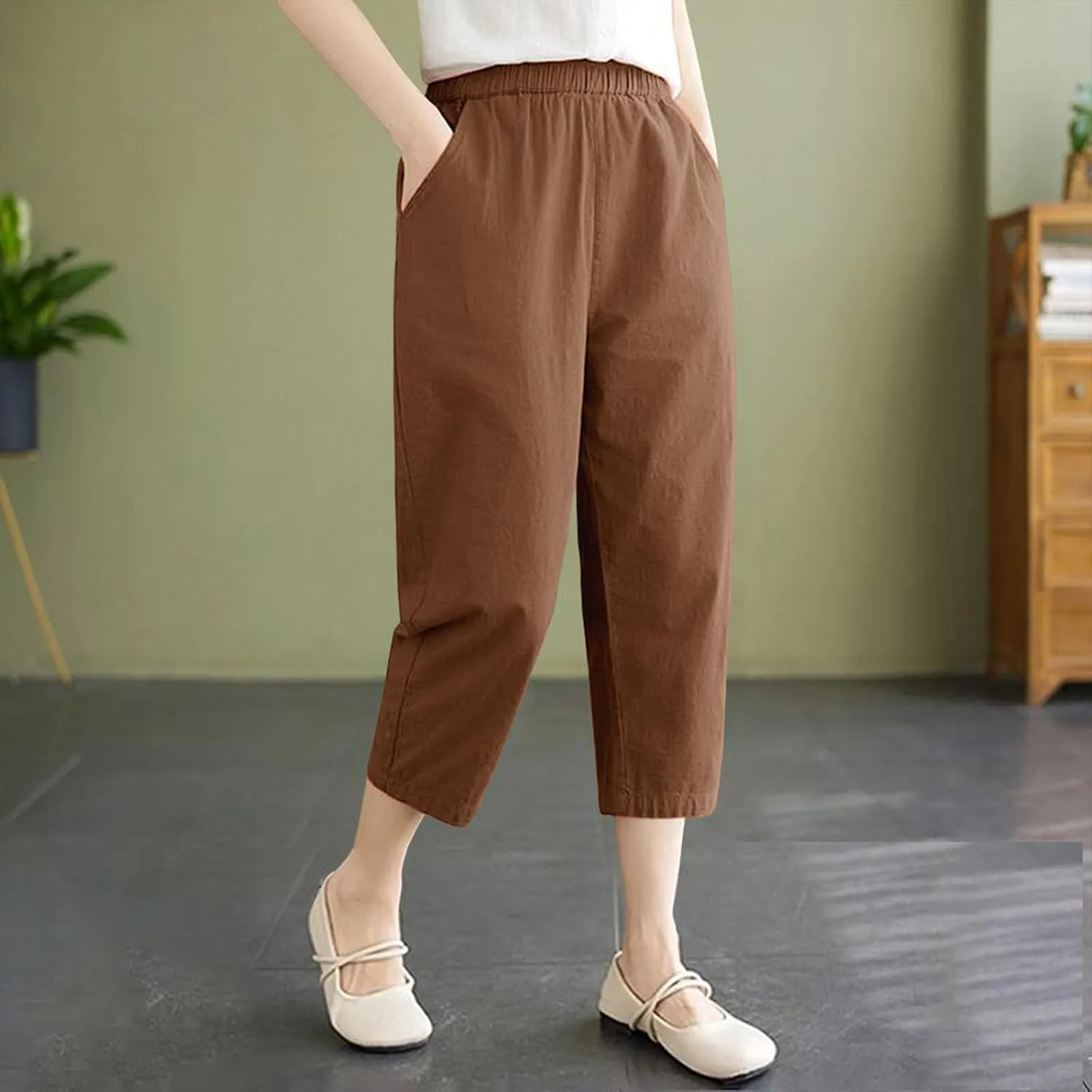 Wide Leg Linen Pants for Women Summer Beach Capri Palazzo Flowy Pant Casual Loose High Waist Trousers with Pockets