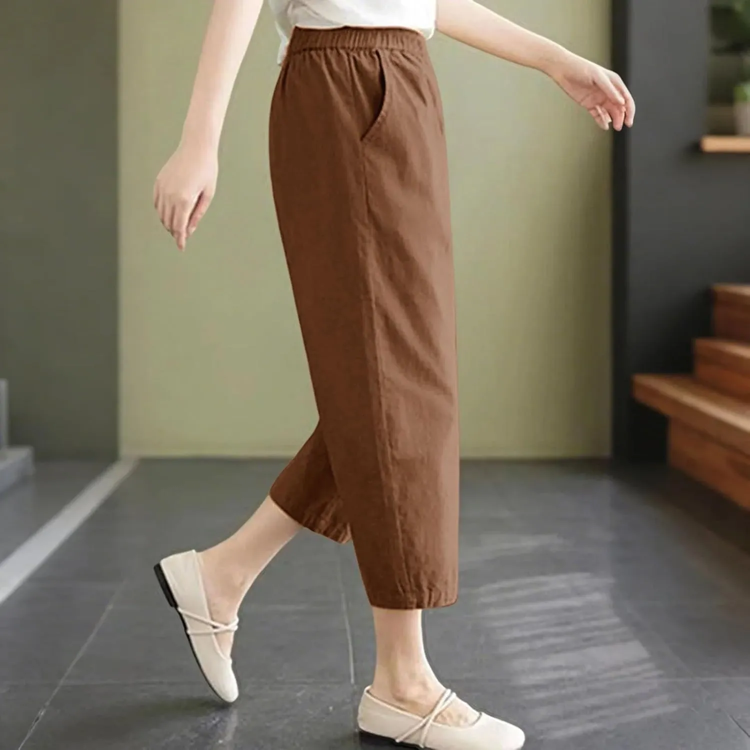 Wide Leg Linen Pants for Women Summer Beach Capri Palazzo Flowy Pant Casual Loose High Waist Trousers with Pockets
