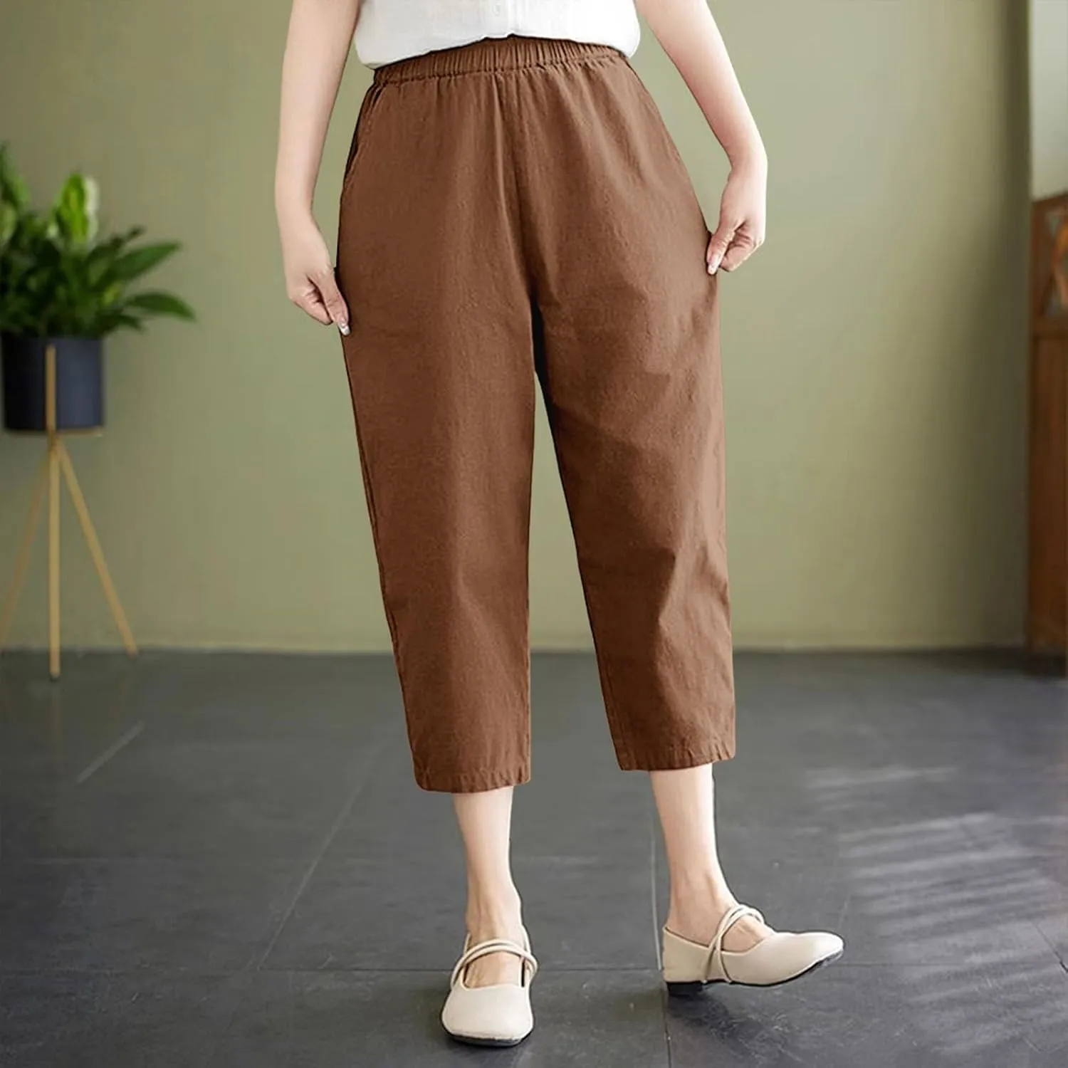 Wide Leg Linen Pants for Women Summer Beach Capri Palazzo Flowy Pant Casual Loose High Waist Trousers with Pockets