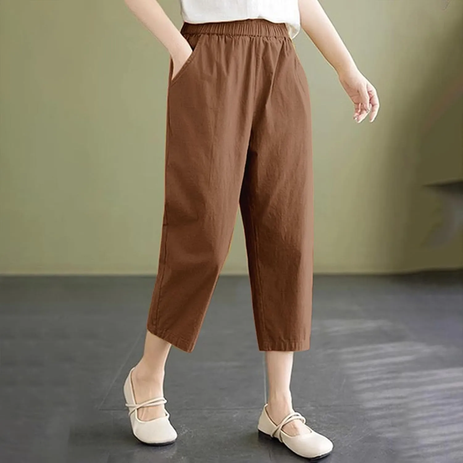 Wide Leg Linen Pants for Women Summer Beach Capri Palazzo Flowy Pant Casual Loose High Waist Trousers with Pockets