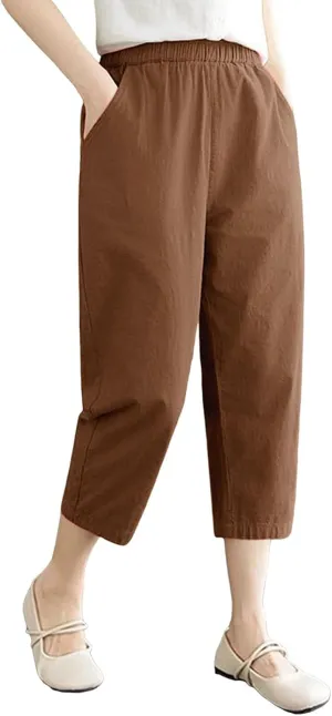 Wide Leg Linen Pants for Women Summer Beach High Waist Capri Palazzo Flowy Pant Casual Loose Trousers with Pockets