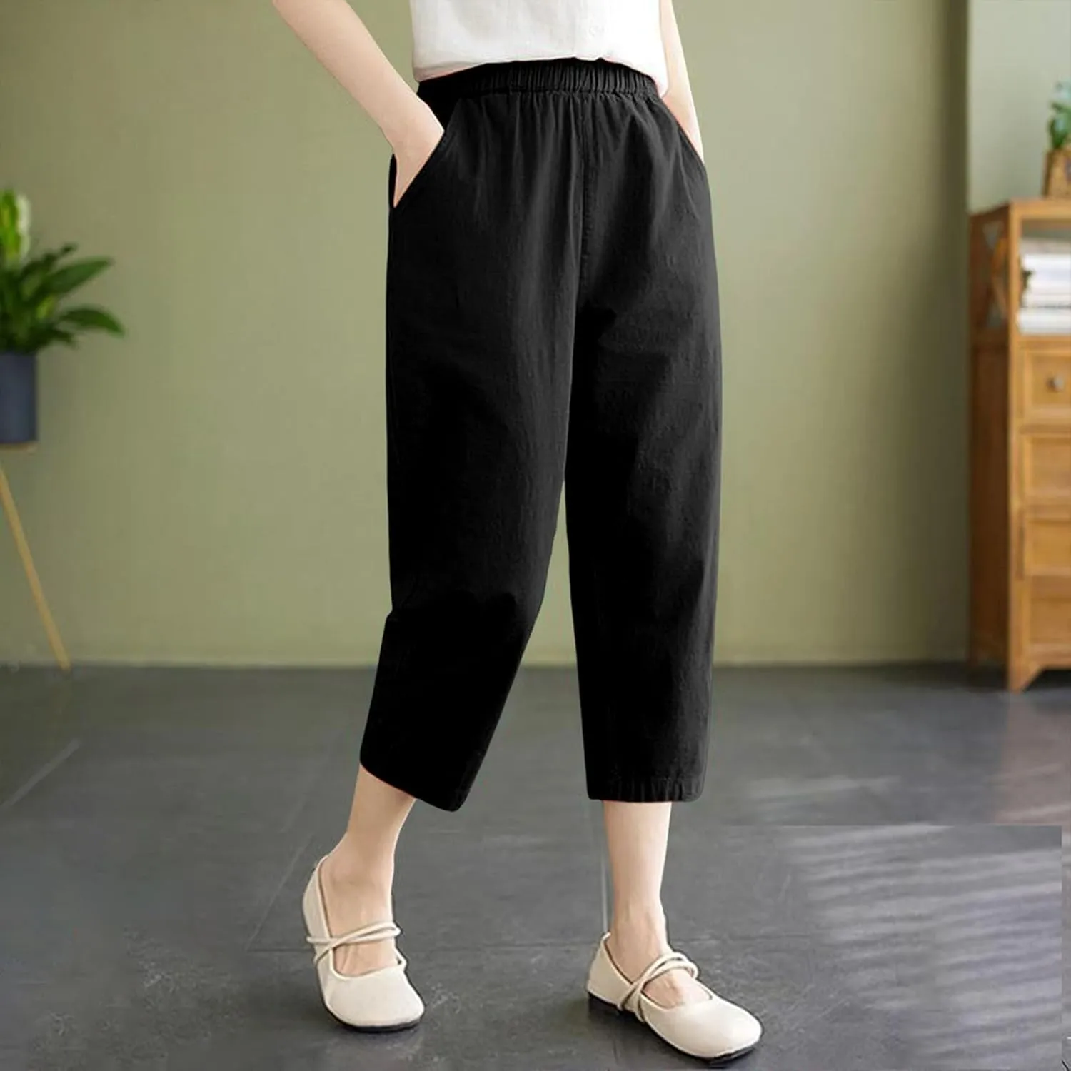 Wide Leg Linen Pants for Women Summer Beach High Waist Capri Palazzo Flowy Pant Casual Loose Trousers with Pockets