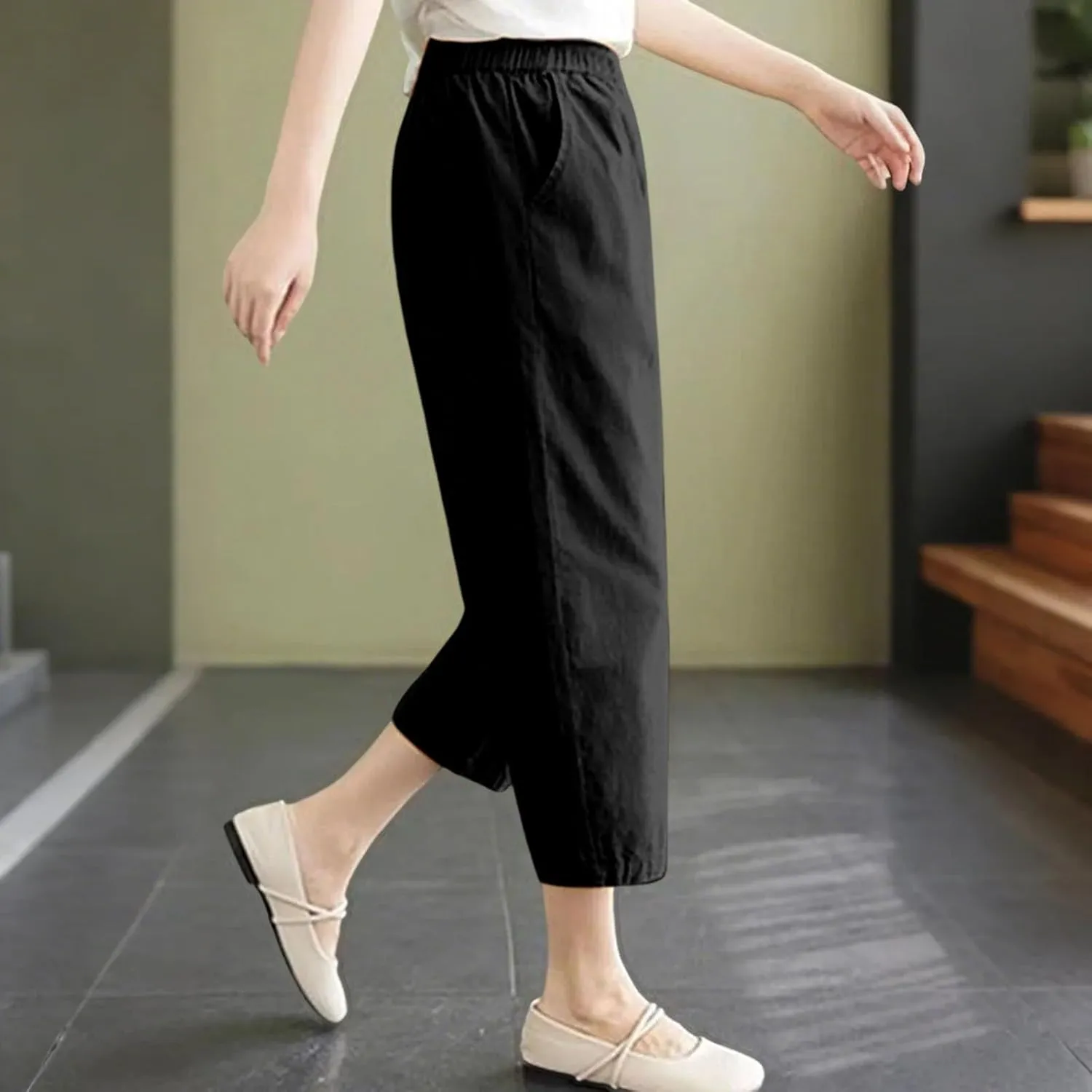 Wide Leg Linen Pants for Women Summer Beach High Waist Capri Palazzo Flowy Pant Casual Loose Trousers with Pockets