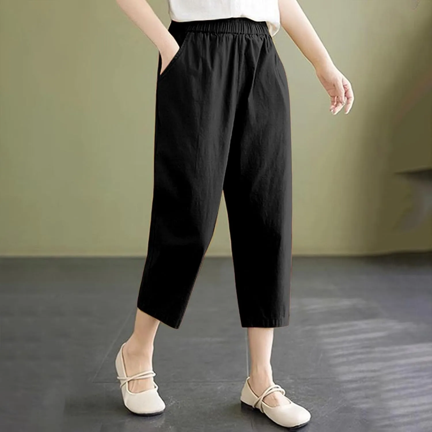 Wide Leg Linen Pants for Women Summer Beach High Waist Capri Palazzo Flowy Pant Casual Loose Trousers with Pockets