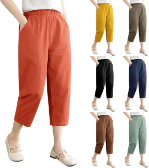 Wide Leg Linen Pants for Women Summer Beach High Waist Capri Palazzo Flowy Pant Casual Loose Trousers with Pockets