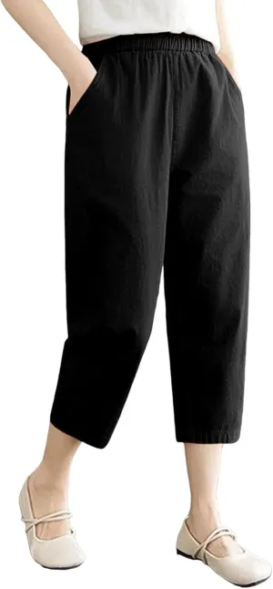 Wide Leg Linen Pants for Women Summer Beach High Waist Capri Palazzo Flowy Pant Casual Loose Trousers with Pockets