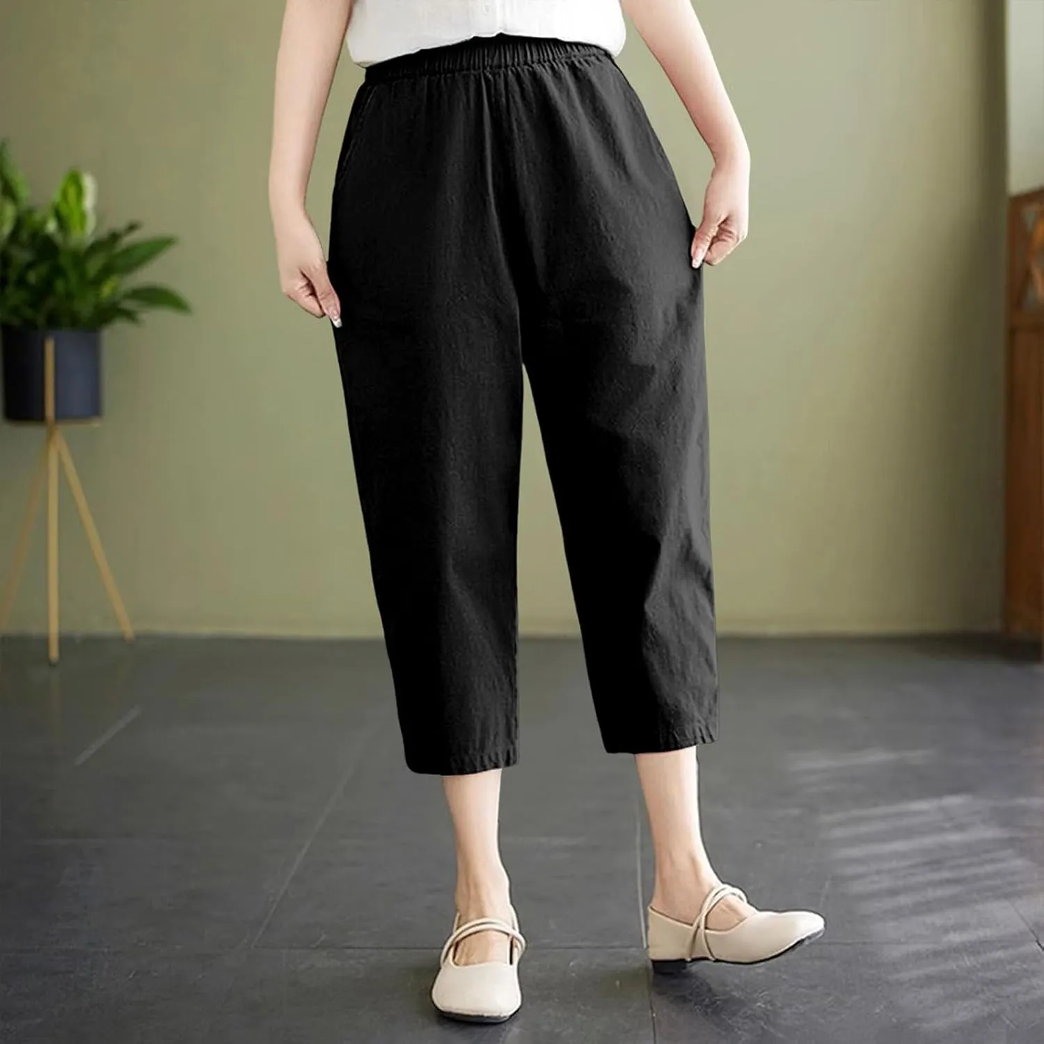 Wide Leg Linen Pants for Women Summer Beach High Waist Capri Palazzo Flowy Pant Casual Loose Trousers with Pockets