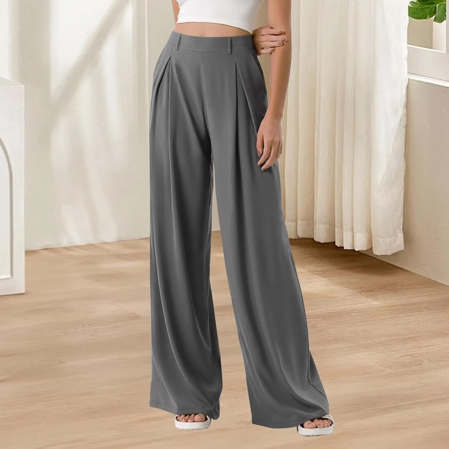 Wide Leg Pants for Women High Waist Casual Loose Trousers Ladies Soft Comfy Outfit Dressy Trendy Pants with Pockets