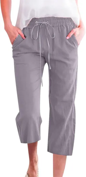 Wide Leg Sweatpants for Women, Today Deals Prime Capris Pants for Women Cotton Linen Casual Summer 2025 Straight Wide Leg Loose Drawstring Elastic Waist Cropped Trouser Grey L