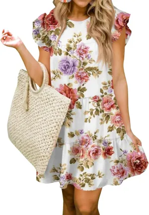 Women Babydoll Summer Casual Crew Neck Ruffle Sleeve Sleeveless Flowy Mini Short Tunic Dress Floral Print Pleated Dress1-Pink,Small