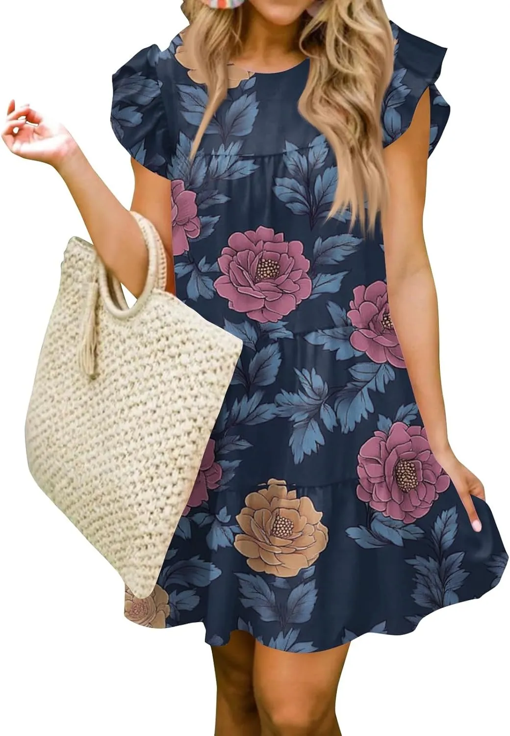 Women Babydoll Summer Casual Crew Neck Ruffle Sleeve Sleeveless Flowy Mini Short Tunic Dress Floral Print Pleated Dress3-Dark Blue,Large