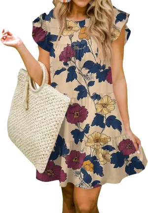 Women Babydoll Summer Casual Crew Neck Ruffle Sleeve Sleeveless Flowy Mini Short Tunic Dress Floral Print Pleated Dress3-Khaki,Small