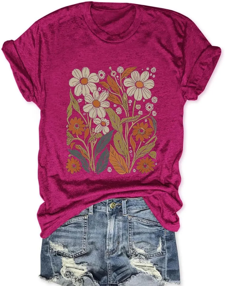 Women Boho Wildflower Shirts Funny Flower Plant T Shirt Cute Daisy Graphic Tees Short Sleev Vacation Tops