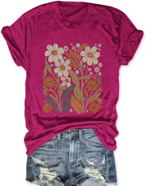 Women Boho Wildflower Shirts Funny Flower Plant T Shirt Cute Daisy Graphic Tees Short Sleev Vacation Tops
