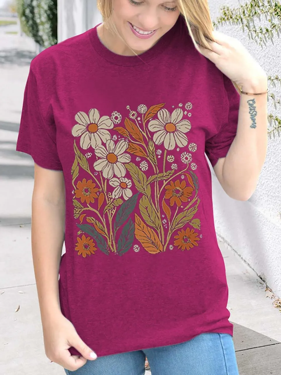 Women Boho Wildflower Shirts Funny Flower Plant T Shirt Cute Daisy Graphic Tees Short Sleev Vacation Tops