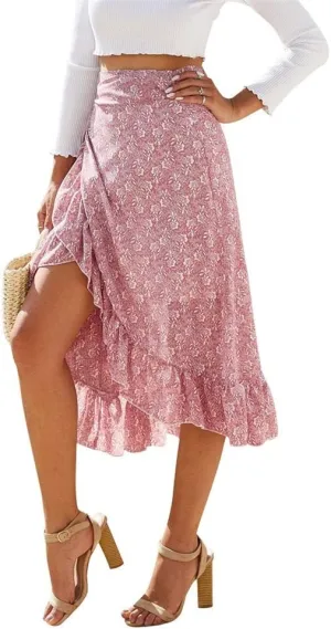 Women Chiffon Floral Midi Skirt High Waist Side Wrap Bohemian Asymmetric Long Skirt Summer Beach Wrap Cover Up Skirt