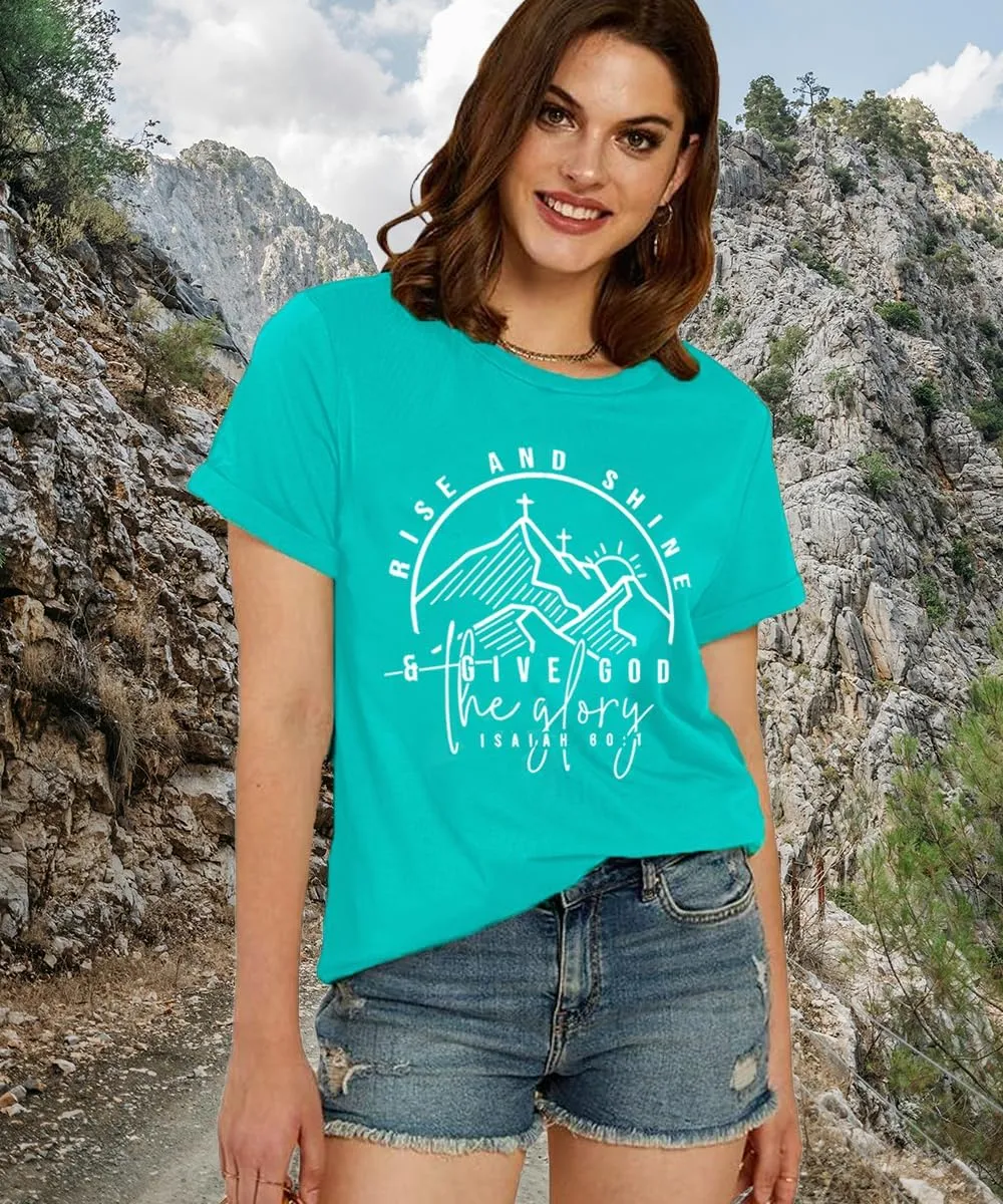 Women Hiking Mountain Shirt Nature Sunrise Graphic Printed Hiking T Shirt Summer Short Sleeve Workout Tee top