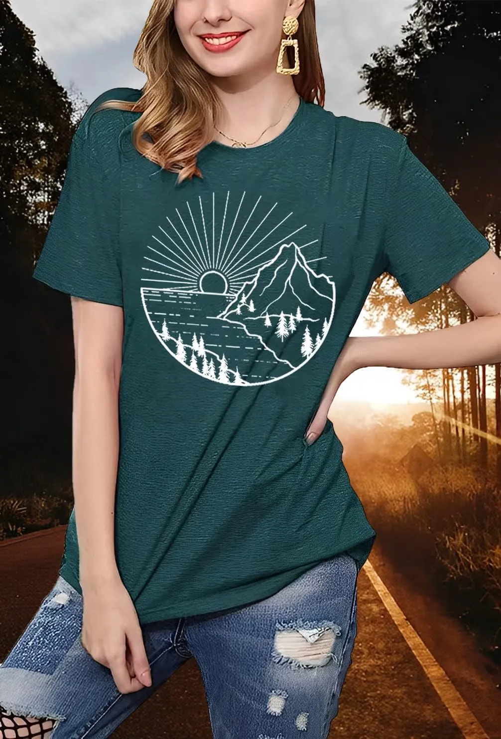 Women Hiking Mountain Shirt Nature Sunrise Graphic Printed Hiking T Shirt Summer Short Sleeve Workout Tee top